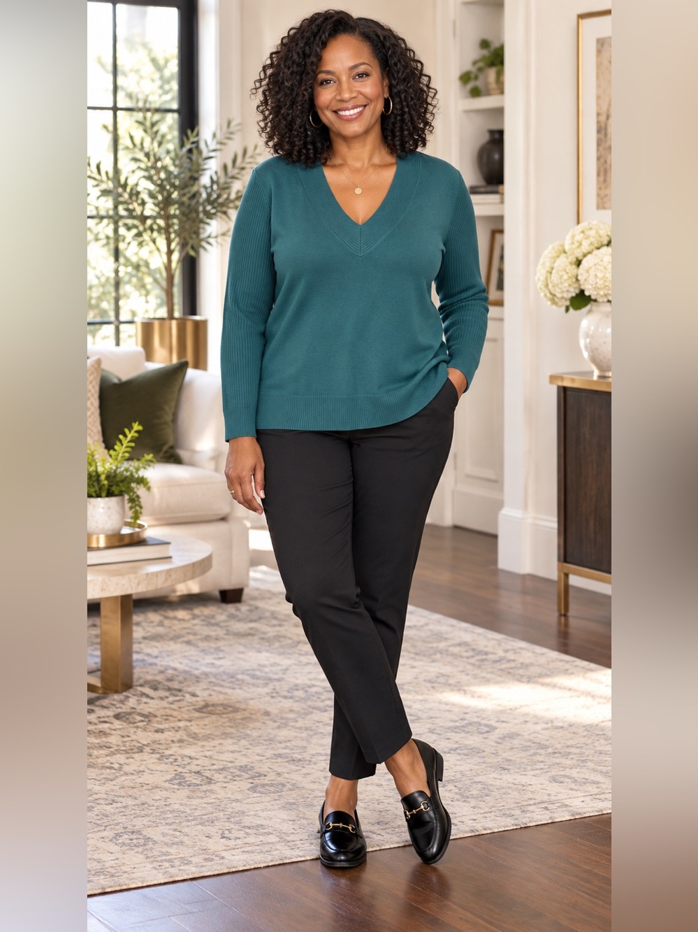 J.Jill XL Petite Teal Cotton Blend Ribbed V-Neck Sweater